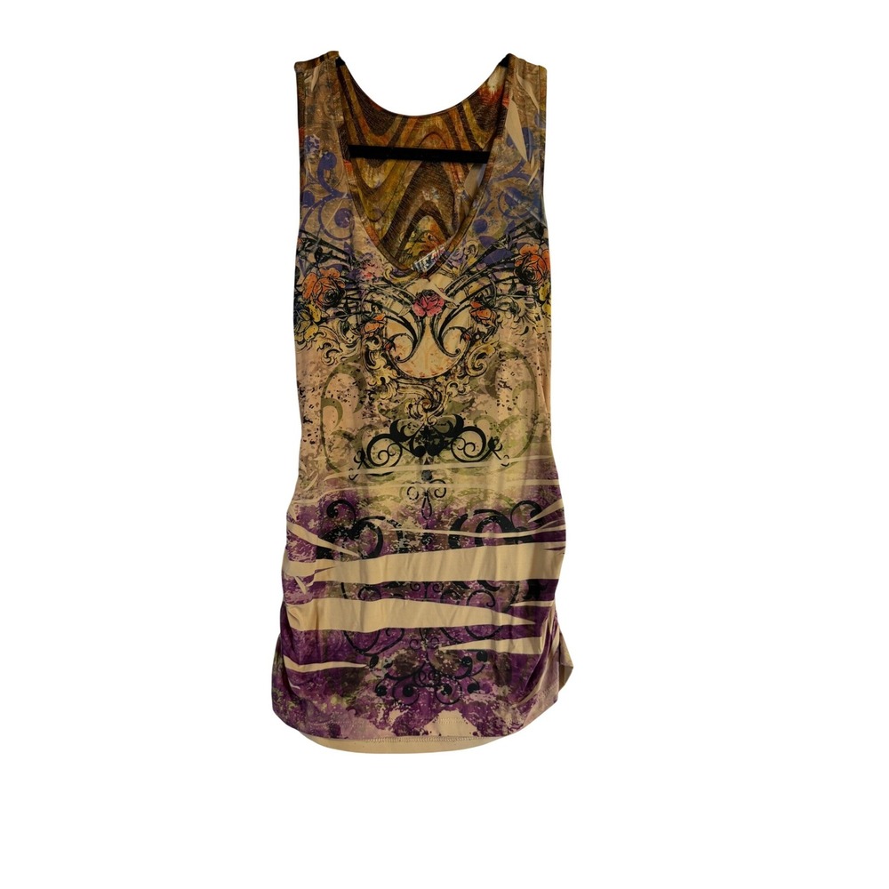 Body Central Women Medium Graphic Print Racerback Tank Top V-Neck Purple Tan